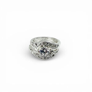 Avon Bridal Ring Set Size 10 Rhodium Plated CZ Engagement Wrap Bands Early 2000s